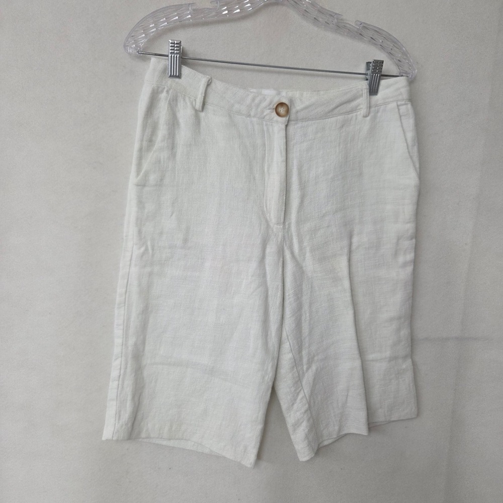 Ett Twa Bermuda Shorts Women S White 100% Linen Lined Casual Summer Lined Beach